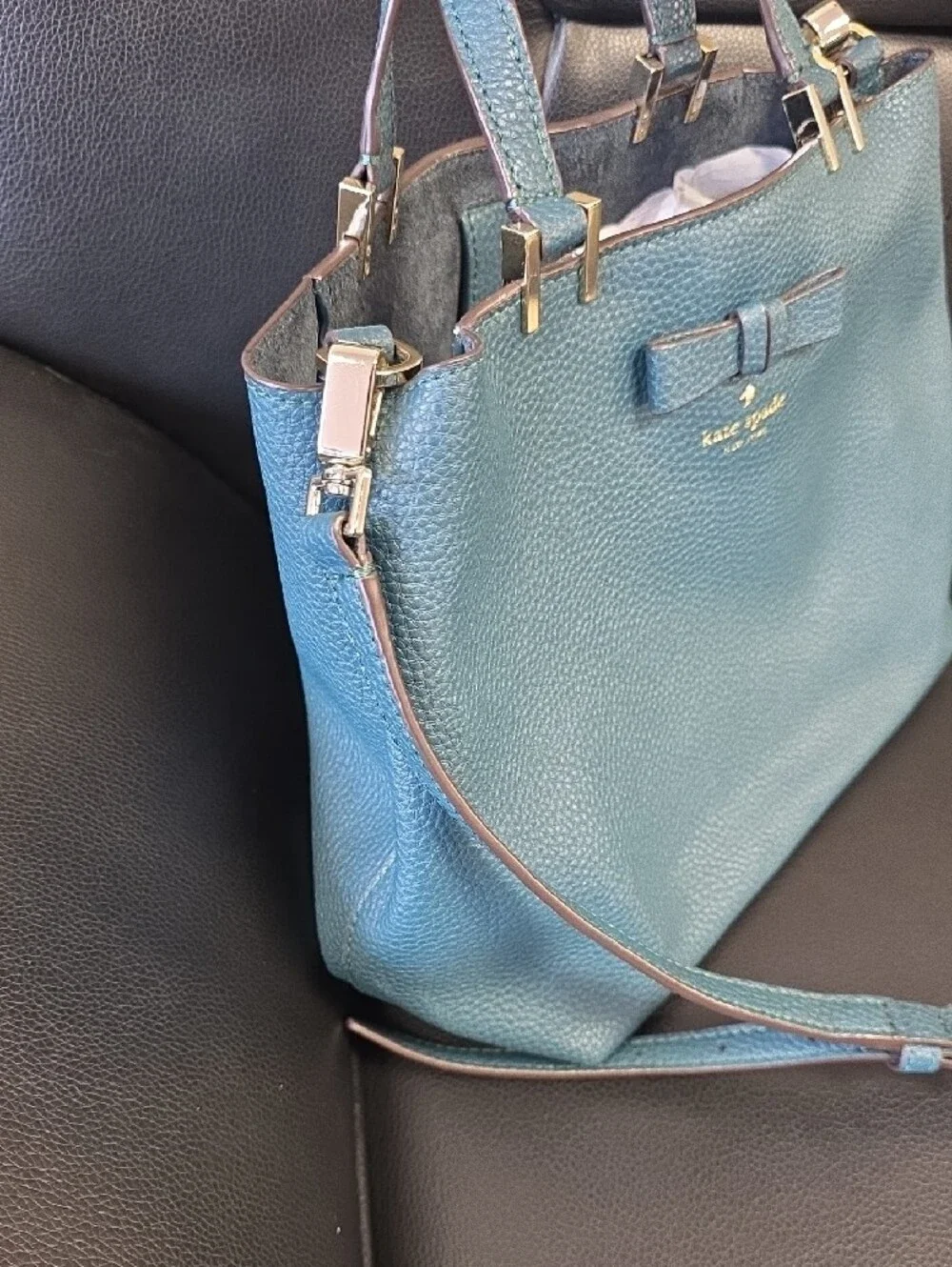 kate spade teal pebbled leather Pershing ST satchel with bow and crossbody strap